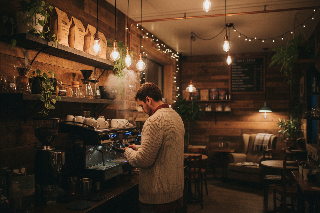 a barista, dressed in a warm clothes, turned away from the viewer making coffee in a cozy coffee shop.