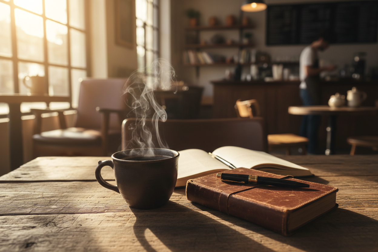 Warm and cozy coffee shop, wooden table, steaming coffee, leather notebook