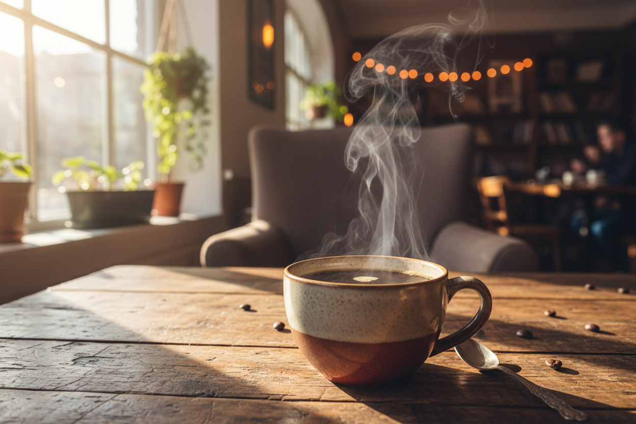 Warm, steaming coffee, on a wooden table, in a cozy coffee shop